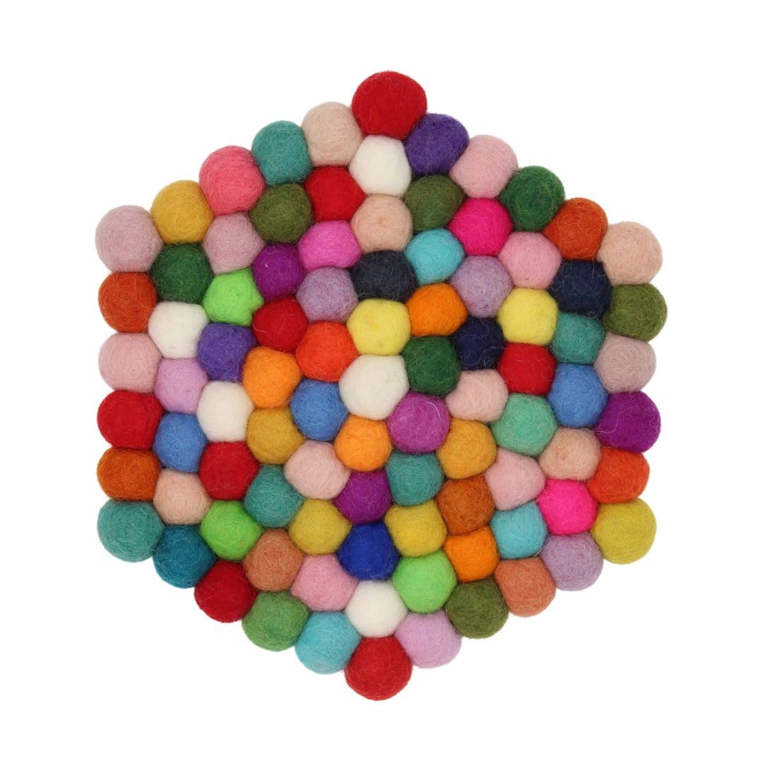 Grült Home Trivet - Felt Trivet for Cups, Pots, Pans and Cups, Hand-Felted in Nepal (Multicoloured, Hexagonal 10 cm)