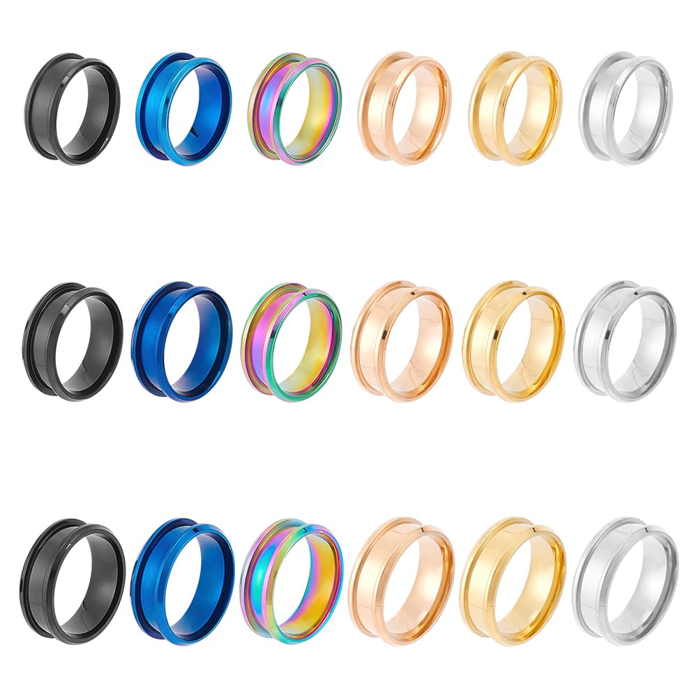UNICRAFTALE About 18Pcs 6 Colors Stainless Steel Blank Ring 3 Sizes Grooved Ring Round Empty Ring for Inlay Ring Jewelry Band Making and Gift