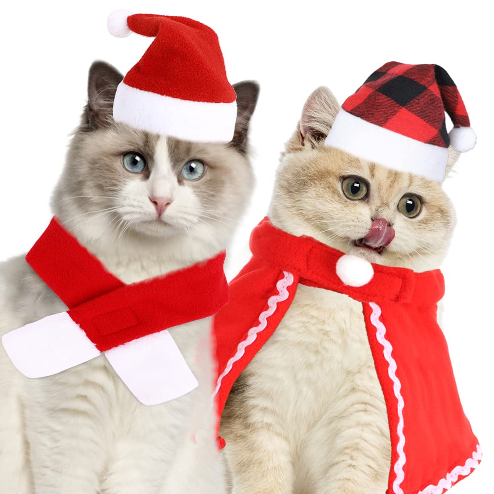 Cat Christmas Outfit Dog Christmas Outfit Pet Costumes Pet Cloak Santa Hat Scarf Funny Pet Costume Suit for Xmas Holiday Dog Cat Cosplay Apparel