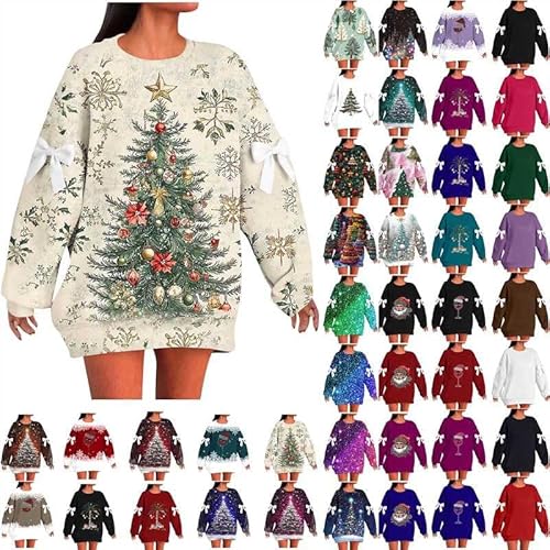 Christmas Sweatshirts for Women Oversized Ugly Xmas Jumpers Funny Christmas Tree Printed Jumper Plus Size Novelty Xmas Sweatshirt Graphic Shirts Autumn Winter Pullover Long Sleeve Tops Ladies S-5XL