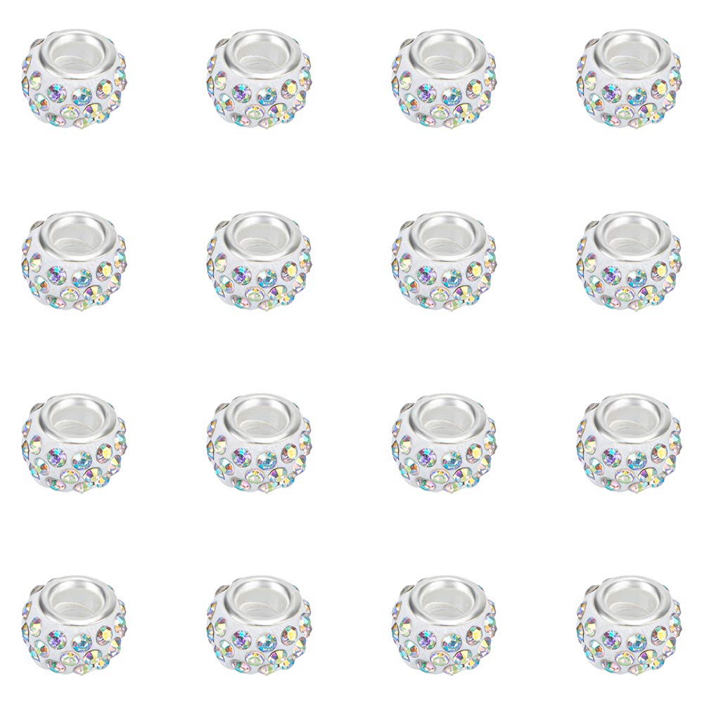 NBEADS 100 Pcs 11-12mm Polymer Clay Pave on Crystal Ab Color Rhinestones Large Hole European Beads, Hole: 5mm