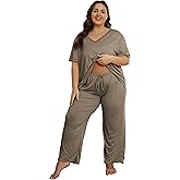 Vozanet Women's Plus Size Pajama Sets Short Sleeve Long Pants Solid Color with Piping Trim Elegant Loungewear Cozy Sleepwear