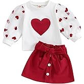 VSQWLZT Kids Toddler Baby Girl Valentines Outfits Lace Long Sleeve Shirts Heart Sweatshirt with Red Skirt 2Pcs Set