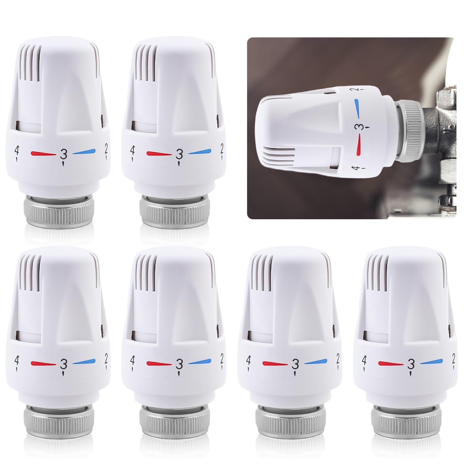 Geakv Thermostatic Radiator Valve Replacement, 6 Pcs, Metal, Brass, Polished, 1/2 in, 12 Ports, BSPT, Cutting Ring, VALVE