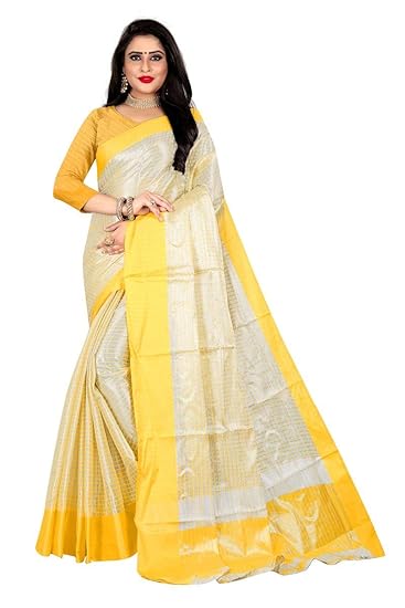 Womens Yellow Color Art Silk Silver Striped Saree With Blouse Piece(BADE DIN SE-YELLOW_Free Size)