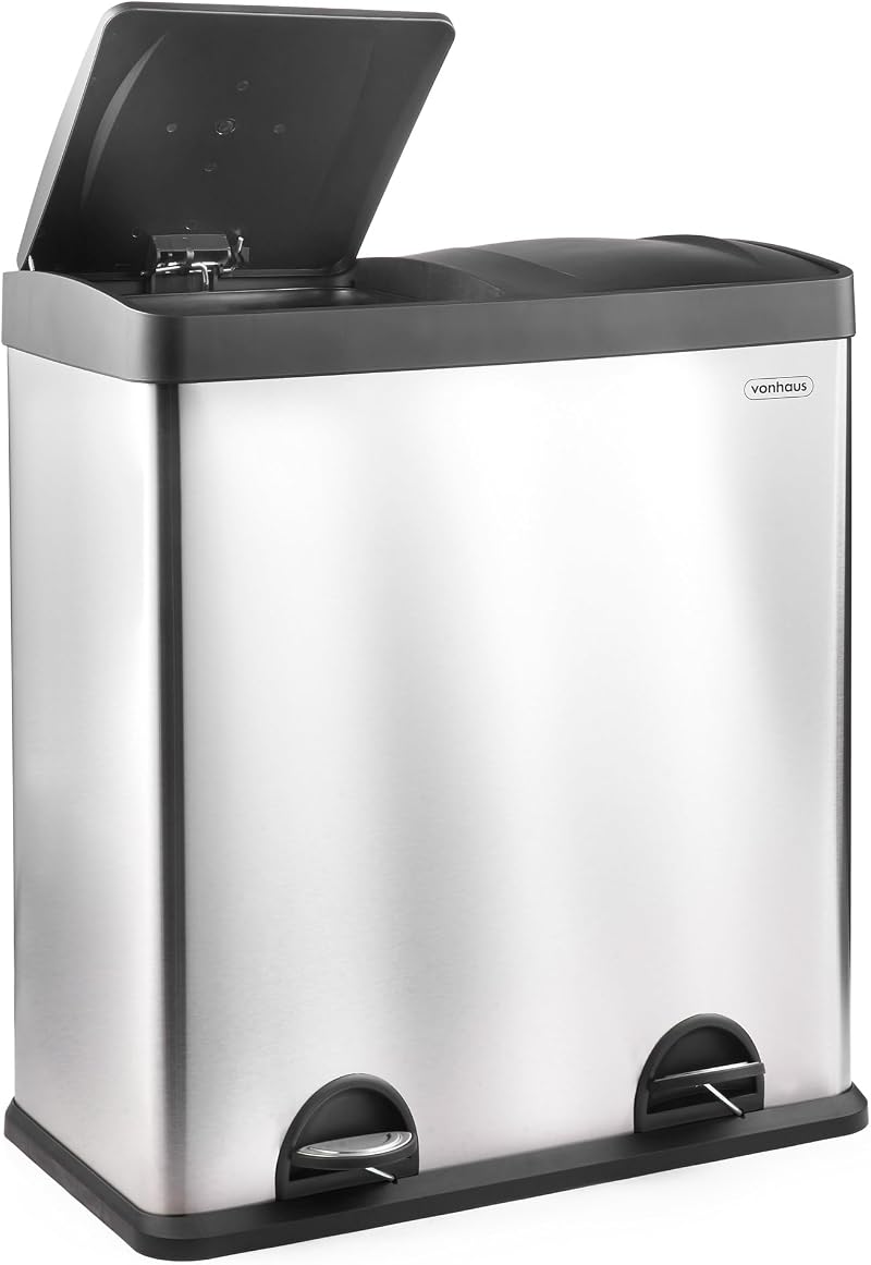 VonHaus 60L Double Kitchen Bin Stainless Steel 2 x 30L Removable Bins