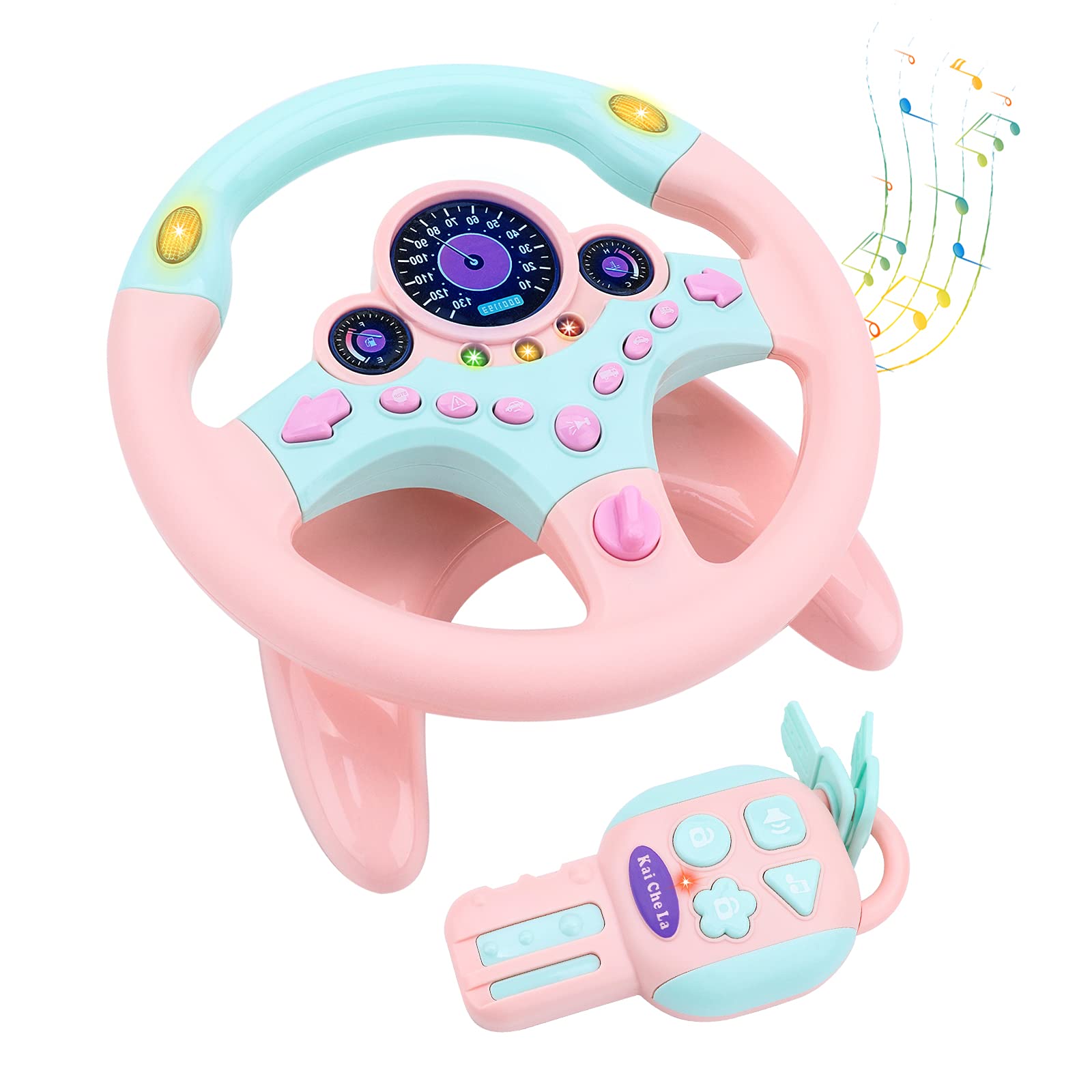 deAO Kids Steering Wheel for Car Backseat Pretend Driving Simulated Driving Steering Wheel Toy with Light and Music, Early Educational Gifts for Kids- Pink