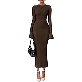 PRETTYGARDEN Sweater Dresses for Women 2026 Fall Bell Long Sleeve Crew Neck Bodycon Maxi Dress Winter Ribbed Knit Outfits