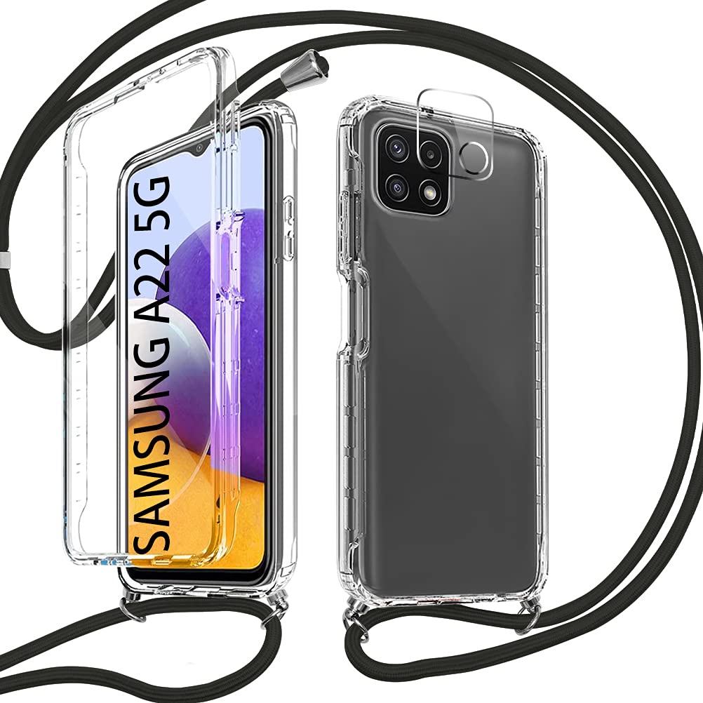 Pnakqil Crossbody Case for Samsung Galaxy A22 5G 6.6", Necklace Phone Cover with Cord Strap, Shockproof Soft Protective Cover Holder with Neck Lanyard & 1x Camera Lens Film for Samsung A22 5G - Black
