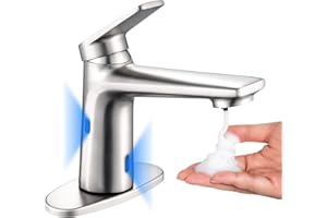 GOESMO Bathroom Faucet with Built-in Soap Dispenser, Adjustable Hot & Cold Water Temperature, Short & Long Sensor Modes, Touchless Automatic Basin Sensor Faucet (Brushed Nickel)