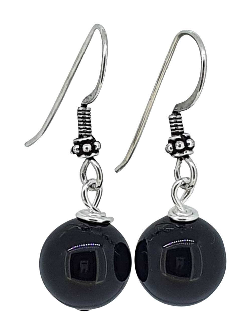 Treasurebay Handmade 12mm Natural Gemstone and Sterling Silver Dangle Drop Earrings (Black Agate)