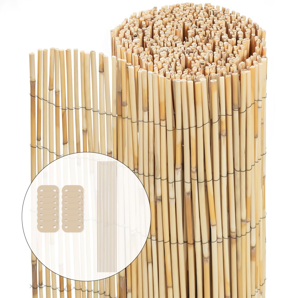 VOUNOT® Natural Peeled Reed Fence 90x600cm Privacy Screen Roll with Fixing Clips Garden Panel Fence for Outdoor Garden Patio Balcony Wind/Sun Protection