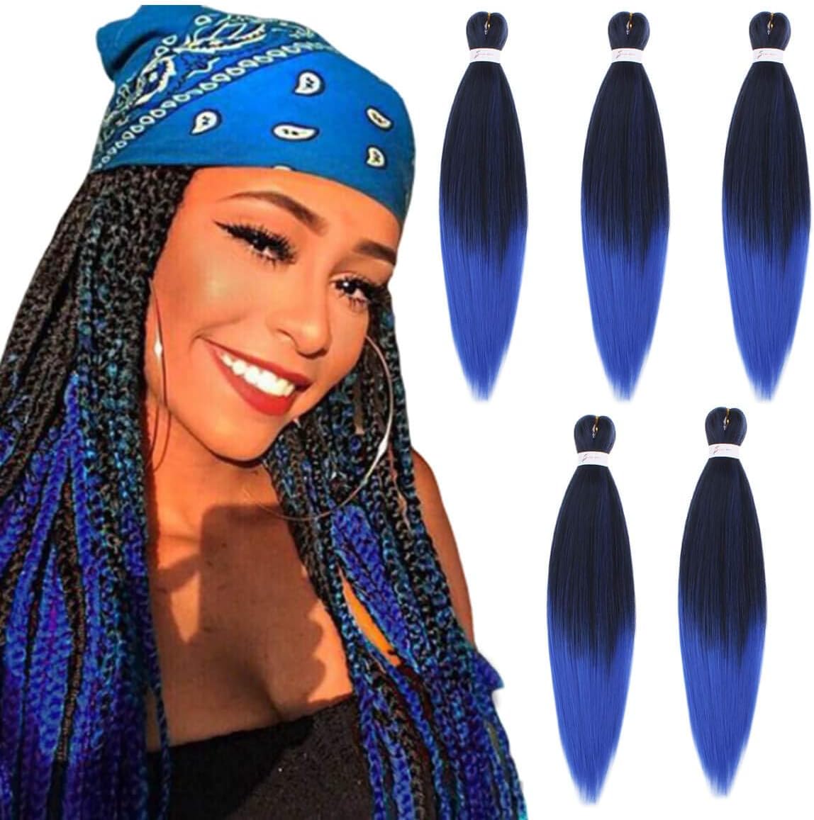 Leeven 8 Packs Ombre Blue Pre Stretched Braiding Hair Extension 26'' Yaki Texture Hot Water Setting EZ Braids Kanekalon Hair Fiber Ombre Braiding Crochet Hair Extensions /26 Inch 1BBLUE#