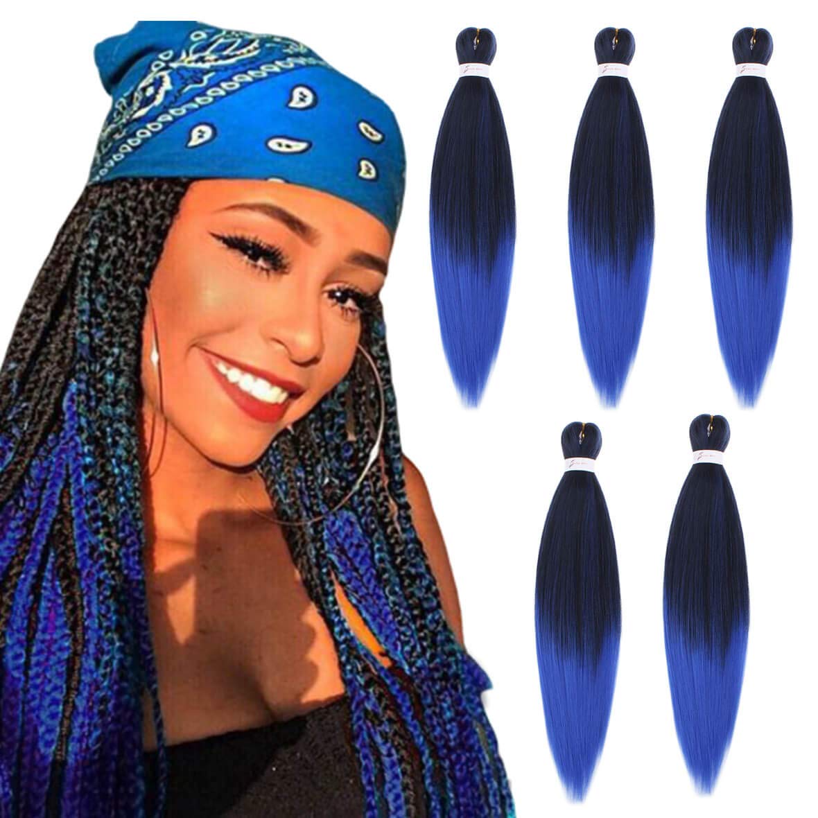 Leeven 8 Packs Ombre Blue Pre Stretched Braiding Hair Extension 26'' Yaki Texture Hot Water Setting EZ Braids Kanekalon Hair Fiber Ombre Braiding Crochet Hair Extensions /26 Inch 1BBLUE#