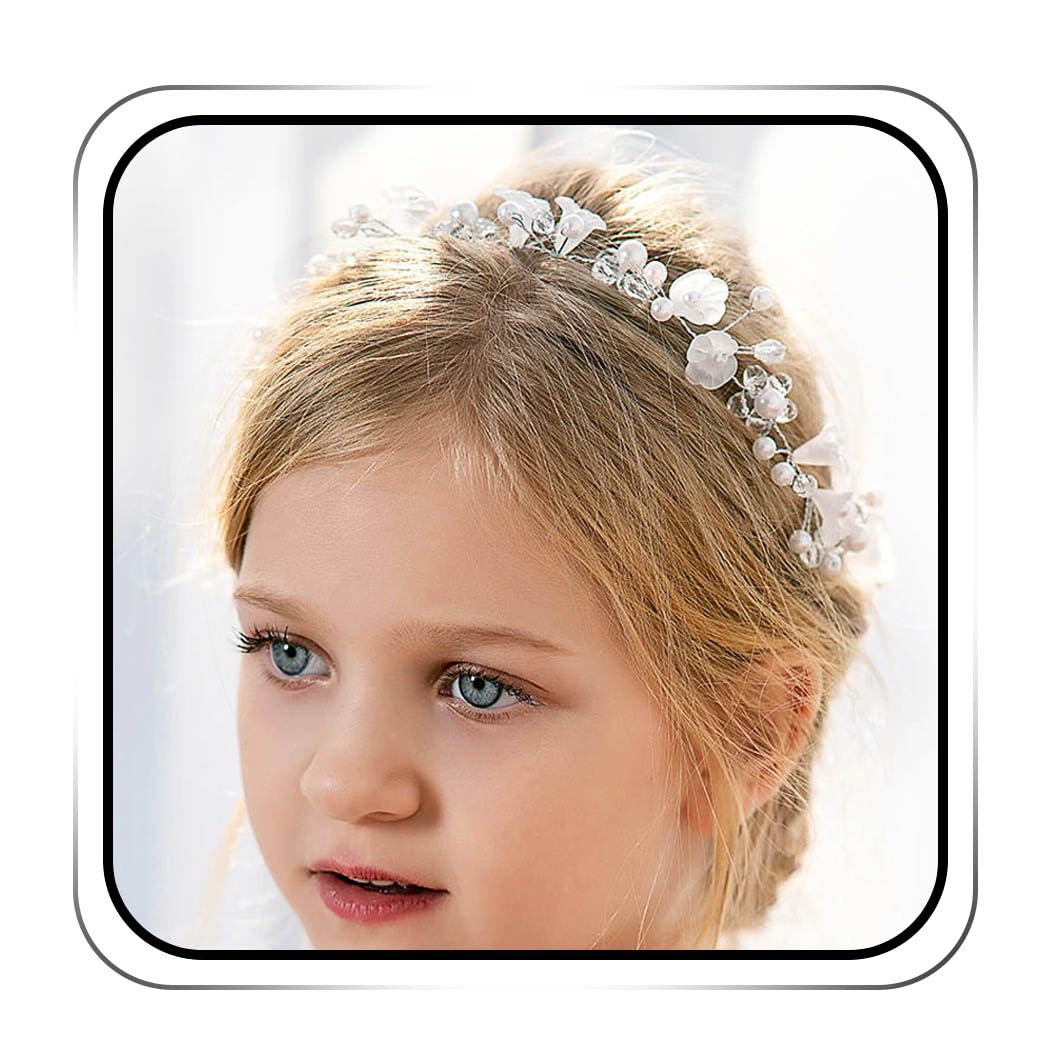 IYOU Princess Flower Headpiece White Pearl Headband Floral Crystal Bridal Wedding Hair Accessories for Flower Girls