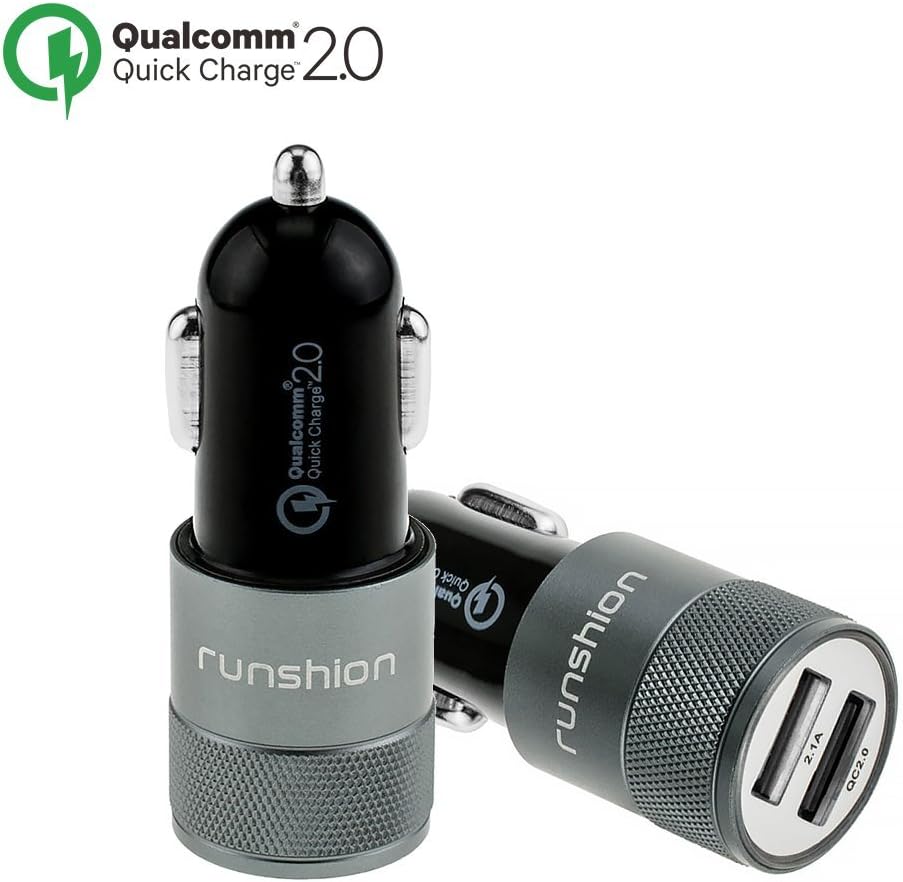 Quick Charge 2.0 Runshion Dual-Port Car Charger with LED lights for Samsung Galaxy S7/S6/Edge,Note 5 / Note 4, Nexus 6,LG G5,HTC | Qualcomm Certified-Black Grey