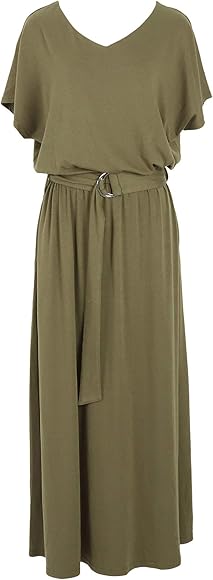Amazon 神戸レタス Dカンベルト付き リラックス マキシ ワンピース E2469 レディース ロング 半袖 ワンサイズ M カーキ ワンピース チュニック 通販