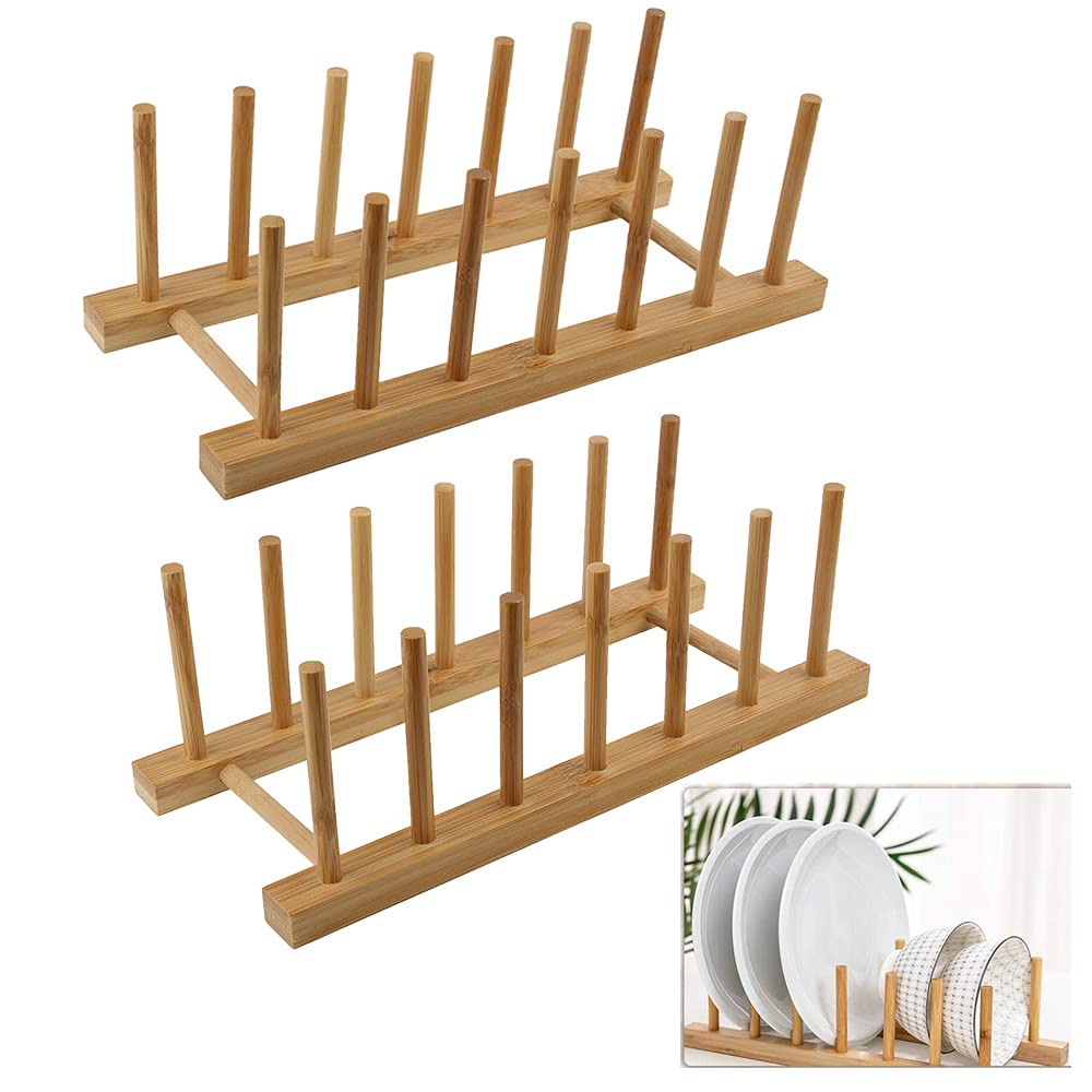 TSKDKIT 2 Pcs Plate Stand Racks Bamboo Dish Holder Cupboard Plate Stand Holders Kitchen Dish Stand for Cupboard, Bamboo Plate Holder Organizers for Plates, Bowls, Cups, Pot Lids, Cutting Boards, Books