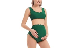 GINKANA Maternity Bikini Set Two Piece Scalloped Bathing Suits Back Lace-up Maternity Swimsuits High Waist Pregnancy Swimwear
