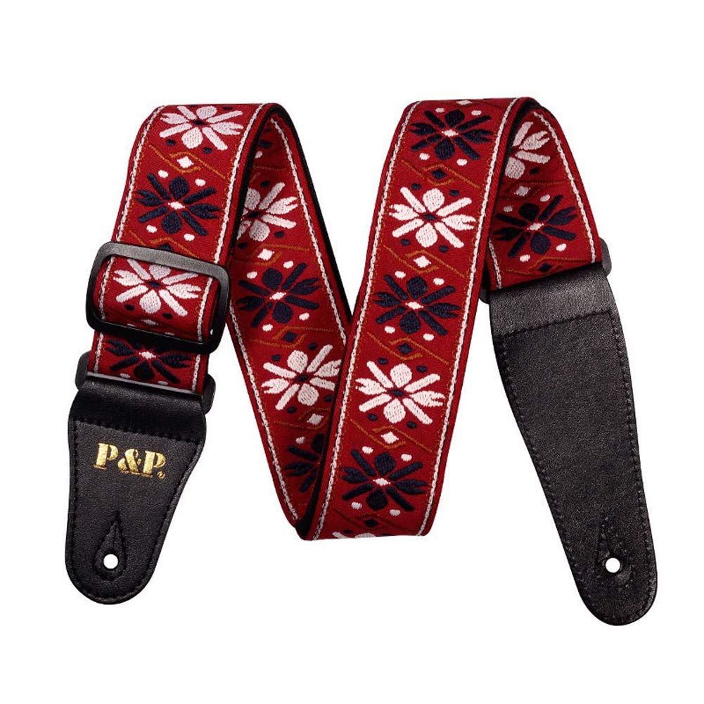 Adjustable Embroidered Guitar Strap, Musical Instrument Strap, Ethnic Wind Ribbon, Musical Instrument Accessories (red)