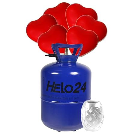 Helo Helium Ballon Gas 0,25m³ (7,1 Liter Flasche) für 30 Ballons inkl. 30 Herz Luftballons (rot), Einweg Helium Gasflasche mi