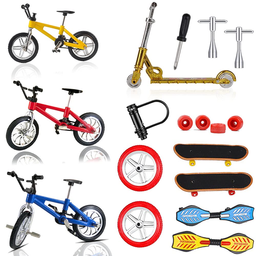 Morofme 18pcs Mini Finger Toys Set Finger Skateboards Finger Bikes Bicycle Finger Scooter Tiny Swing Board Fingertip Finger Replacement Wheels Tools Mini Extreme Sports Movement Party Favors (18pcs)