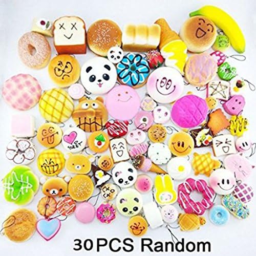 Konduone Random 30pcs Kawaii Soft Foods Jumbo Medium Mini Soft Squishy Cake/Panda/Bread/Buns Phone Straps