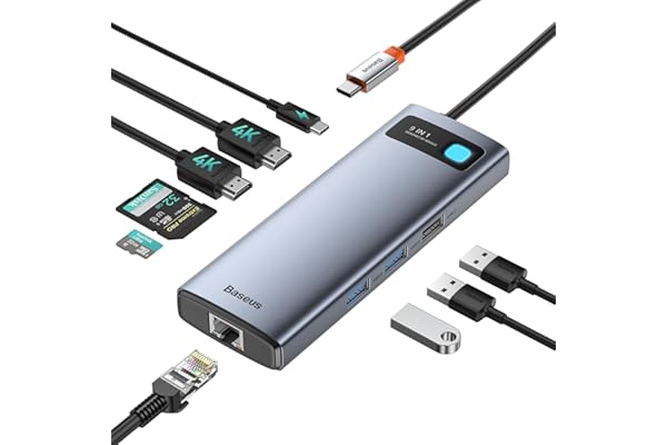 Baseus Laptop Docking Station Dual Monitor 4K@120Hz, 9 in 1 USB C Hub with 2 HDMI, 1000Mbps LAN, 100W PD, 3 USB, SD Card Reader, USB C Dock Compatible with iPhone 15/Mac/Dell/HP/Surface/Steam Deck