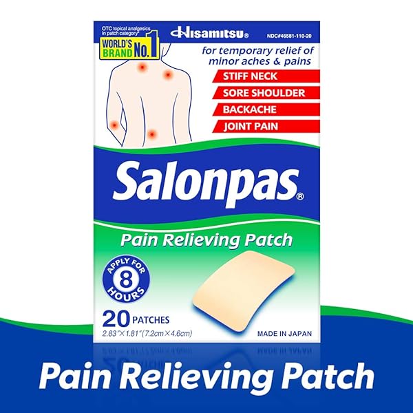 SALONPAS PAIN RELIEVING PATCH, 20 COUNT, FOR BACK, NECK, SHOULDER, KNEE PAIN AND MUSCLE SORENESS, 8 HOUR PAIN RELIEF