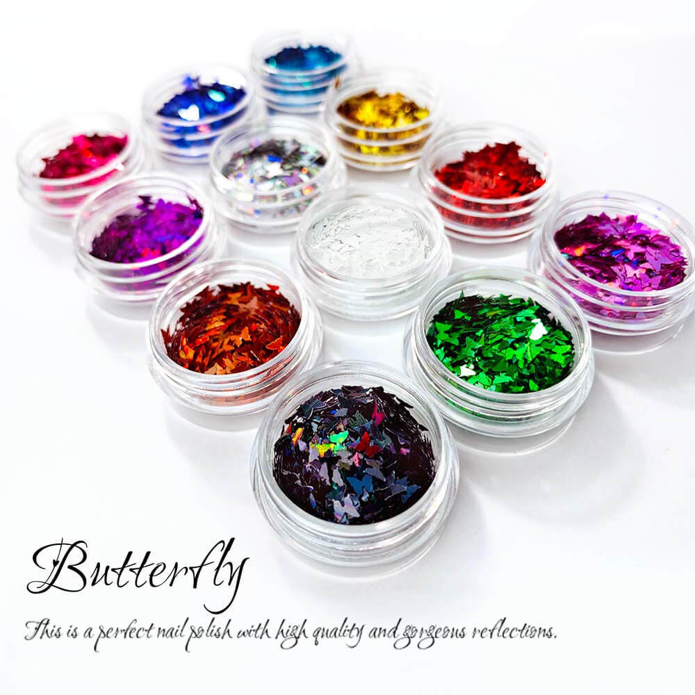 Butterfly Nail Art Glitter Sequins - 3D Laser Holographic Acrylic Nail Design Accessories Iridescent Nail Glitter Flakes Decorations for Make Up Body Face Hair Eye Decor Butterflies Shaped - 12 Color: Beauty