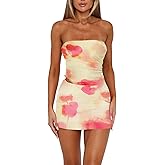 Goafuliy Two Piece Skirt Set for Women Summer Asymmetrical Mesh Strapless Tube Tops Mini Skirt Set Going Out Outfits