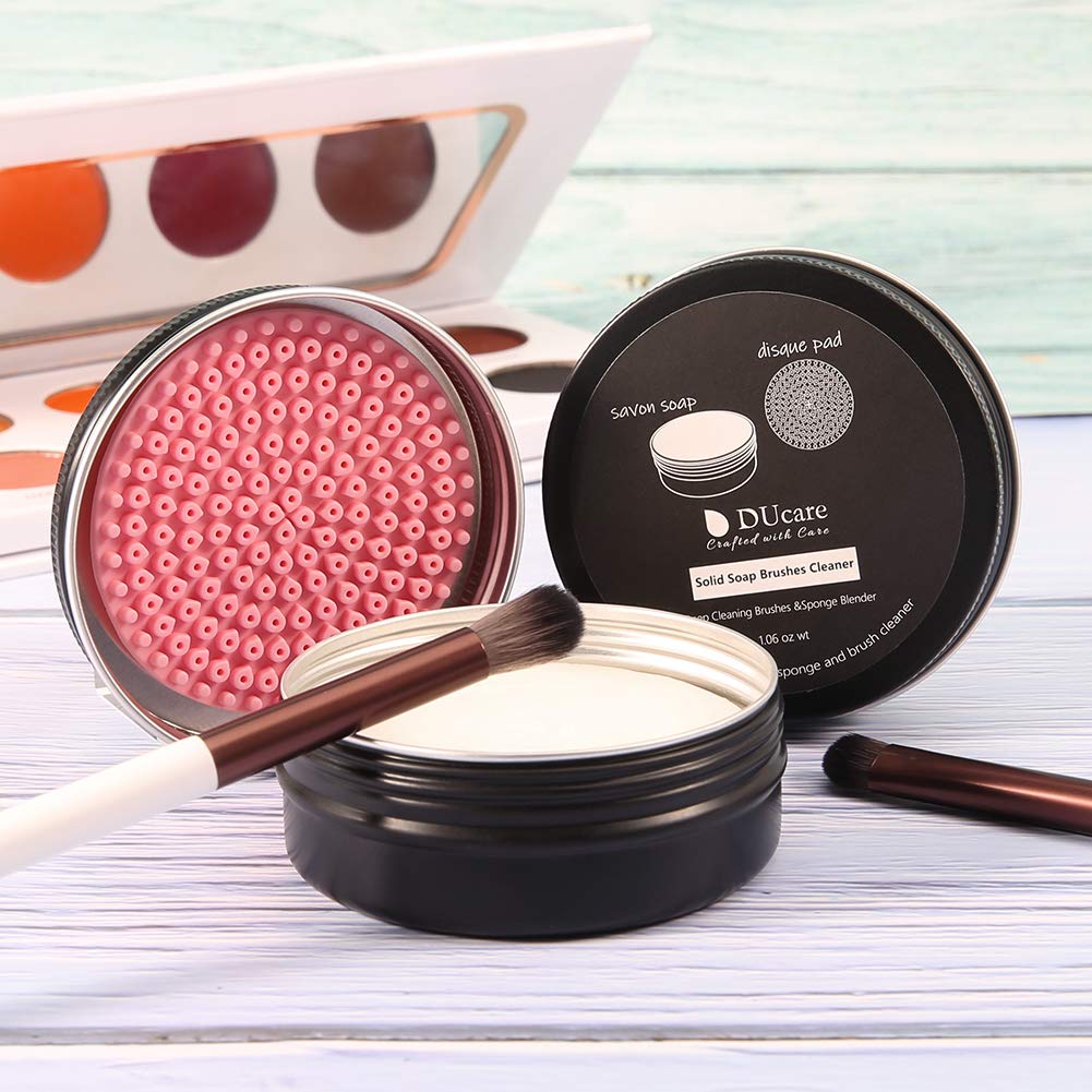 DUcare Makeup Brush Clean Set: Solid Soap Cleanser & Color Removal Sponge - Easy to Clean Blenders Brushes Shampoo Removes Shadow Color Cosmetic Colors for Daily Use Travel Set (2Pcs,Coconut Oil): Beauty