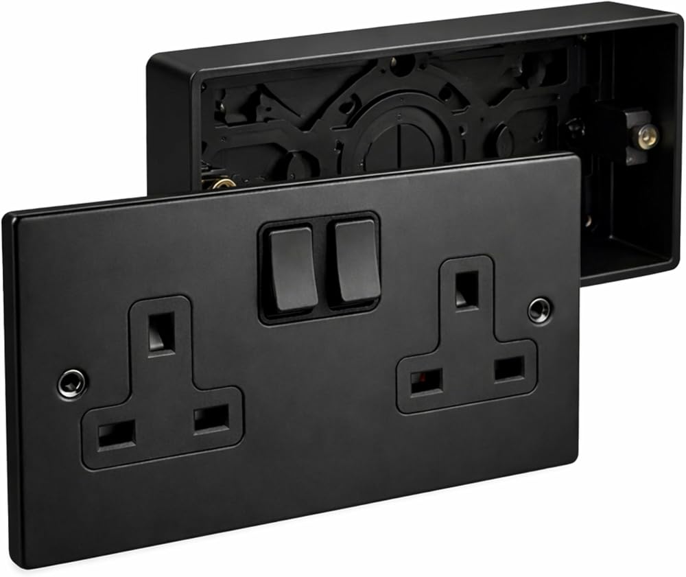 SHPELEC 13A 2 Gang Switched Socket Surface Back Box Matt Black