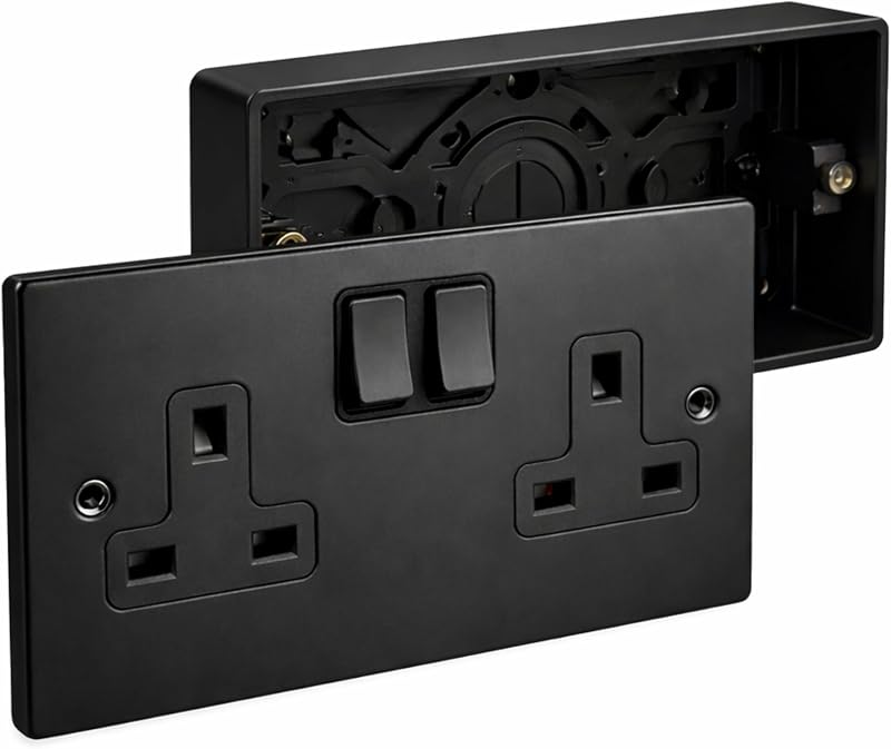 SHPELEC 13A 2 Gang Switched Socket Surface Back Box Matt Black