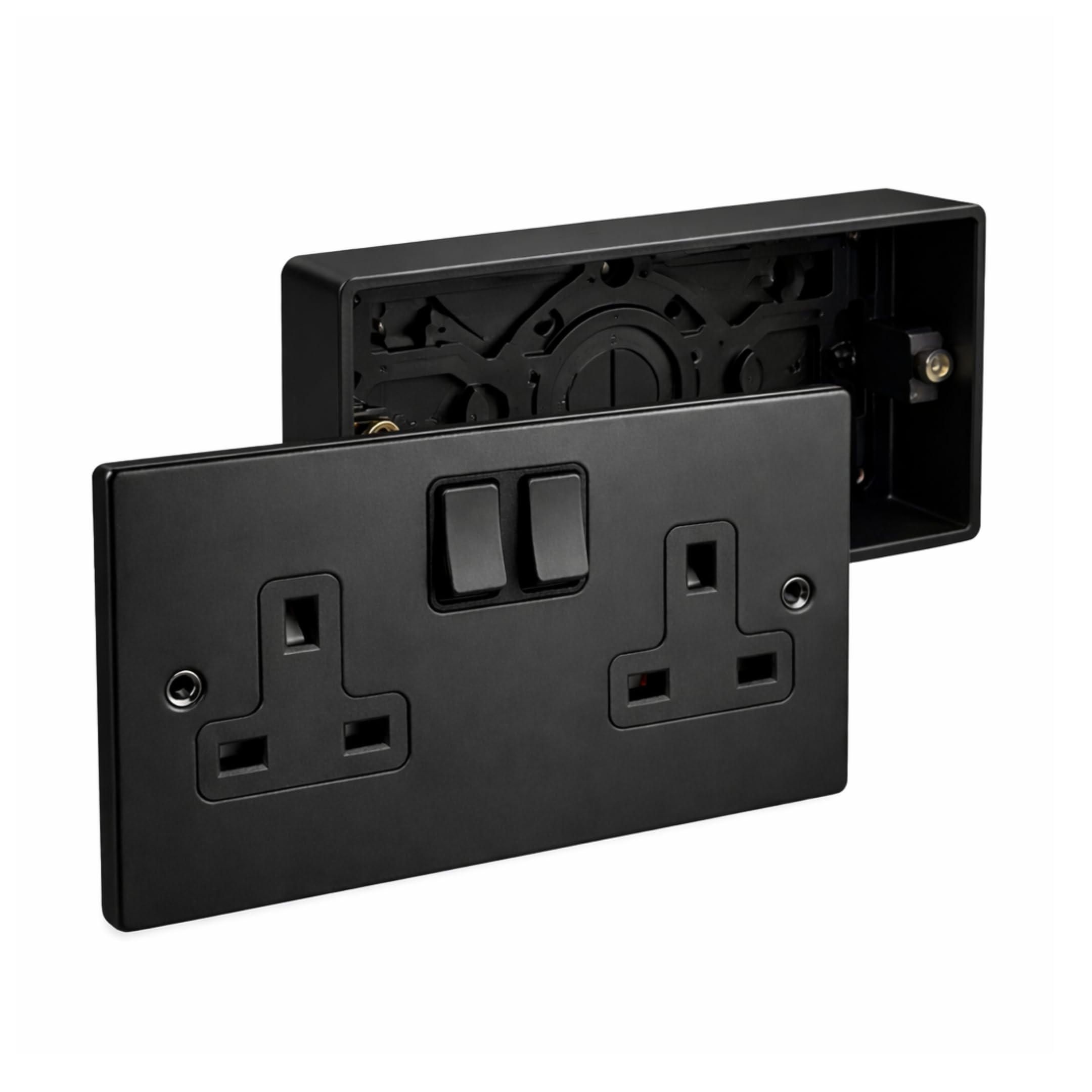 13A 2 Gang Switched Socket & 29mm Surface Mount Back Box – Matt Black Metal Round Edge, Sleek Modern Plug Socket for Home or Office – Easy Install, Durable, Stylish Finish — image 1