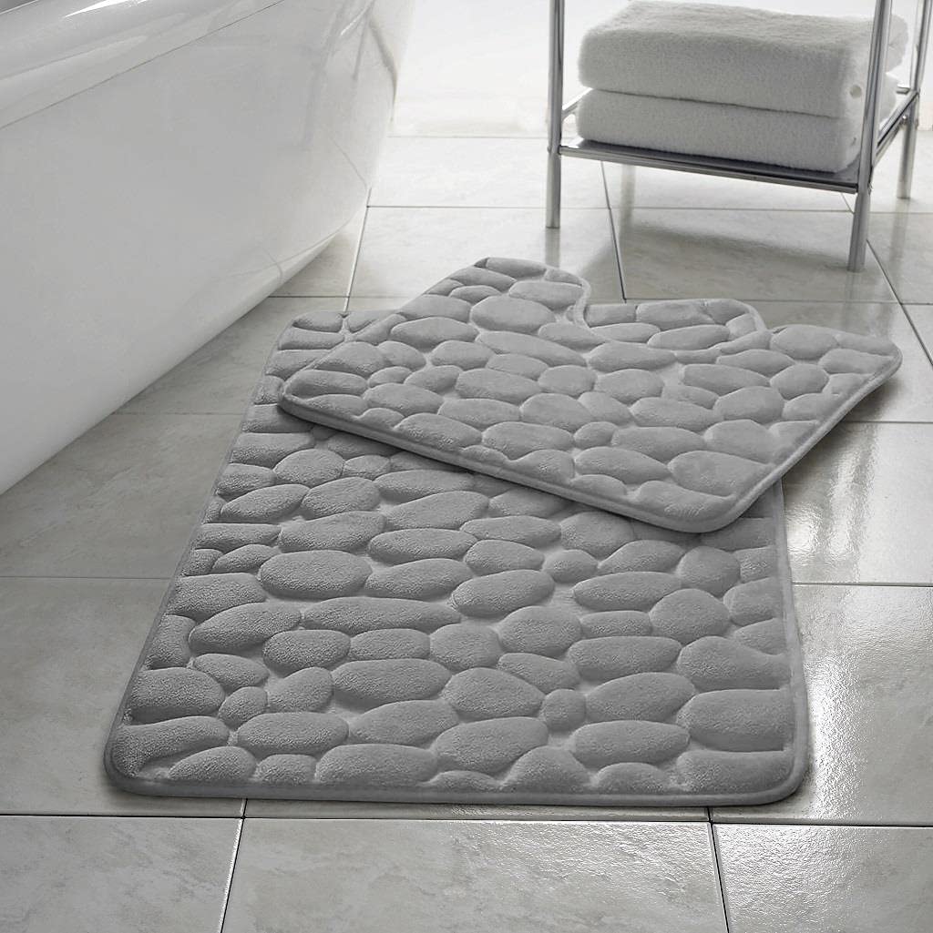 Comfort Collections Memory Foam Pebble Memory Foam Pebble Bath Mat Set Pedestal Bathroom Rug 2 Piece Soft Absorbent Non Slip Silver Bath Mat (50CM X 80 CM) & Pedestal Mat (50CM X 40 CM) Approximate