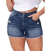 Gocolloa Women Plus Size Jean Shorts Sexy Stretchy High Waisted Frayed Raw Hem Denim Shorts