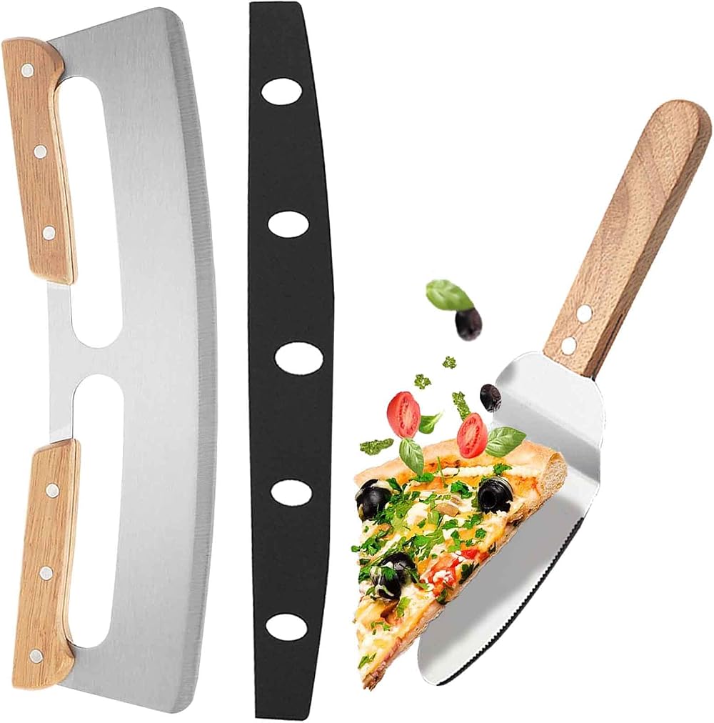 IAGORYUE 14 Inch Large Metal Pizza Cutter with Cover & Wood Handle + Cake Server