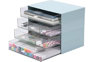 OSteed Desk Craft Organizer and Storage with 7 Flat Drawers, Stackable Plastic Desktop Accessories & Workspace Organizer for Office Stationary, Makeup Skincare, Sanitation Supplies, Blue
