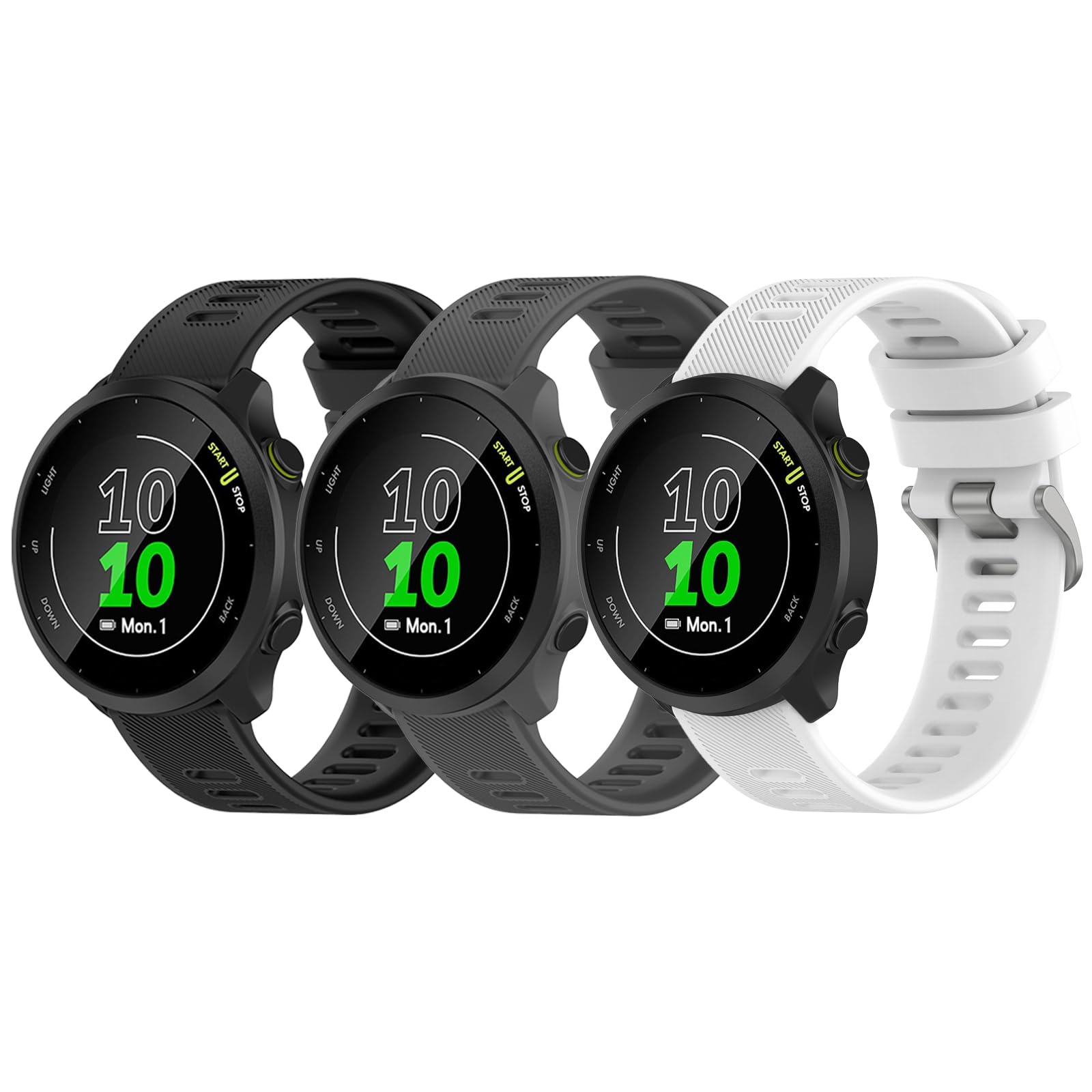 Garmcool 3 Pack Strap Compatible with Garmin Forerunner 55/245/645/165/158, Venu, Venu Sq/2 Plus/Sq 2 Women Men, Silicone Classic Replacement Band Black, Grey, White (Strap Only) — image 1