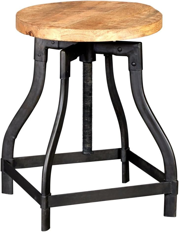 Indian Hub Cosmo Industrial Stool Side Table Adjustable Height, Natural Wood/Dark Metal, 36x36x48 cm