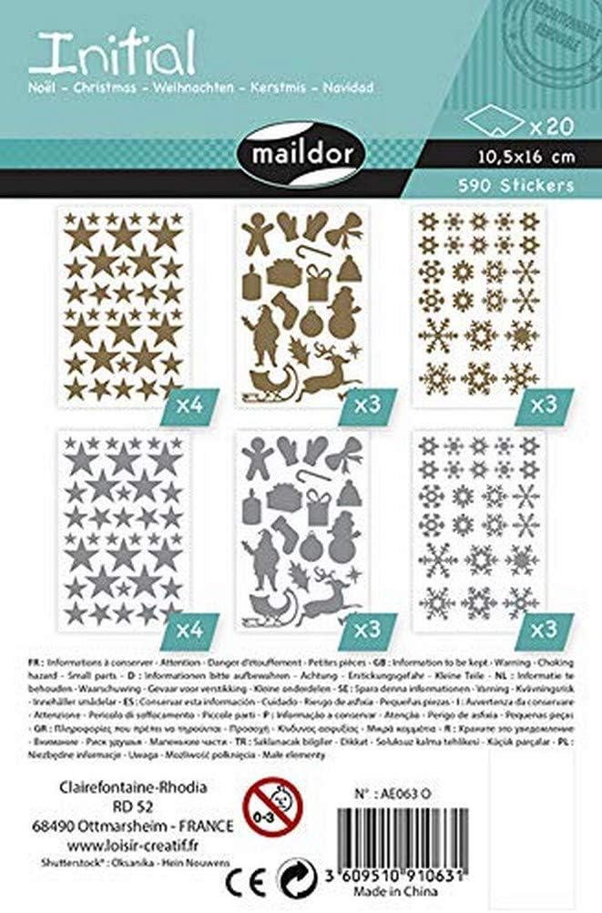 Maildor AE063O, STICKERS Initial, 20 sheets, Dimensions: 10.5 cm x 16 cm, GOLD & SILVER, CHRISTMAS (590 stickers)