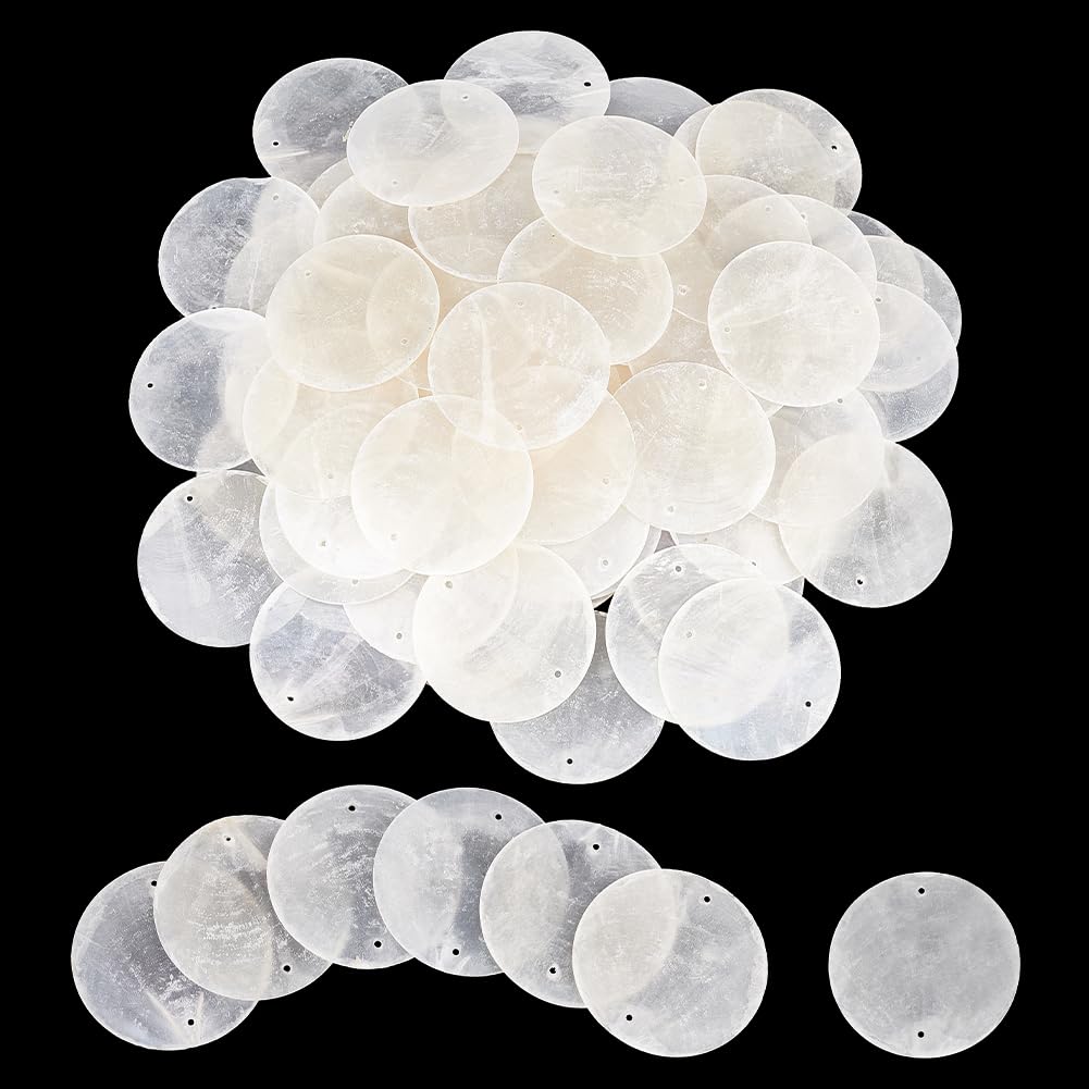 PH PandaHall 80pcs Round Capiz Shells, 49.5mm/2" Nature Capiz Shell Charms Seashell Connector Charms DIY Hanging Pendants for Handicrafts Home Decor Wind Chimes Making, Hole: 1.6mm