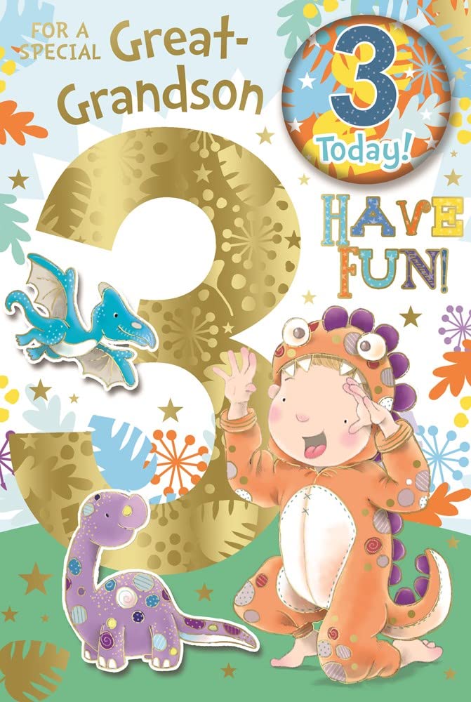 Great Grandson 3rd Birthday Card & Badge - 3 Today Boy as Dinosaur 9x6
