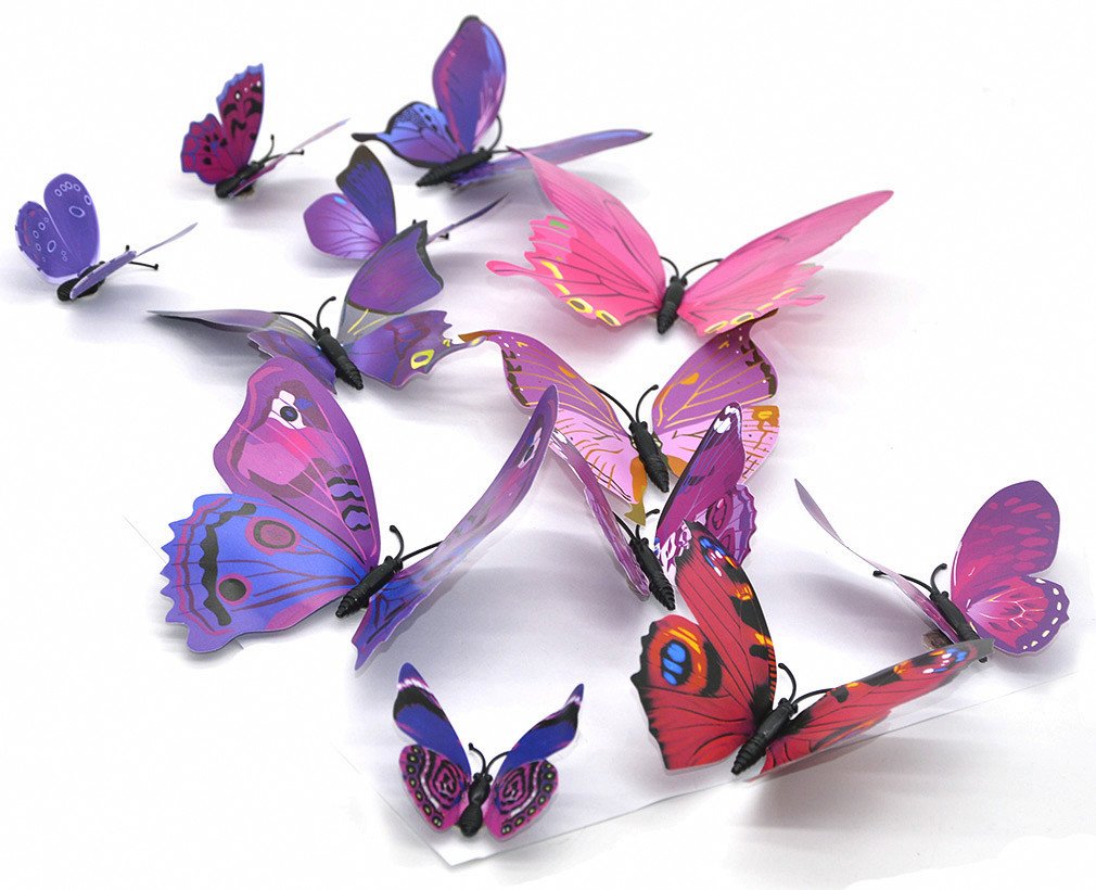 24pcs 3D Wall Stickers Butterfly Removable Decal for Home and Room Decoration Purple Red