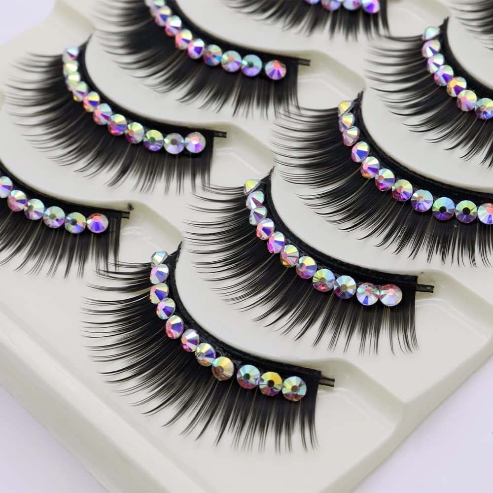LSTHK False Eyelashes, 5 Pairs of 3D Fake Lashes, Natural Look, Colourful False Eyelashes, Fluffy False Eyelashes for Work, Dating, Party, Cosplay (Hotfix Rhinestone Black)