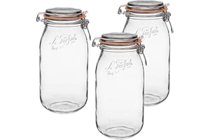 Le Parfait Super Jar - 2L French Glass Canning Jar w/Round Body, Airtight Rubber Seal & Glass Lid (64oz/2 Quarts, Pack of 3)