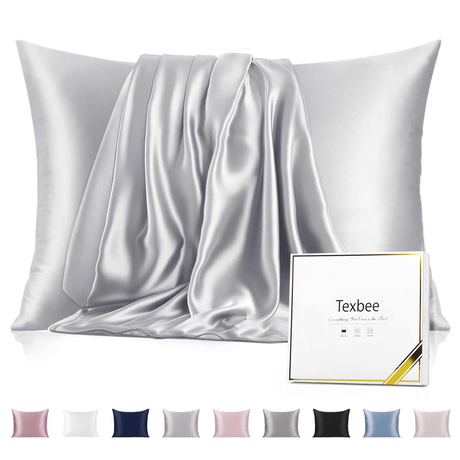 Texbee Silk Pillowcase for Hair and Skin with Hidden Zipper, Both Side 22 Momme Natural Silk, King Size 1 Pack Gifts for Women Men (50x90CM, Silver Grey) — image 1