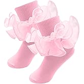 MKYSZLT 2 Pairs Girls Ruffle Socks Toddler Girl Frilly Dress Socks Fold Double Lace Big Ruffles Church Fancy Sock Little Kids
