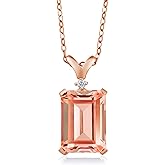 Gemstone Birthstone and White Diamond Pendant Necklace for Women | 18K Rose Gold Plated Silver | Emerald Cut 14X10MM with 1MM Round Accent | Includes 18 Inch Chain | Fine Jewelry for Her Mom Wife